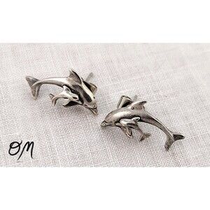 Sterling Silver Vintage Dolphin with Baby Stud Earrings
